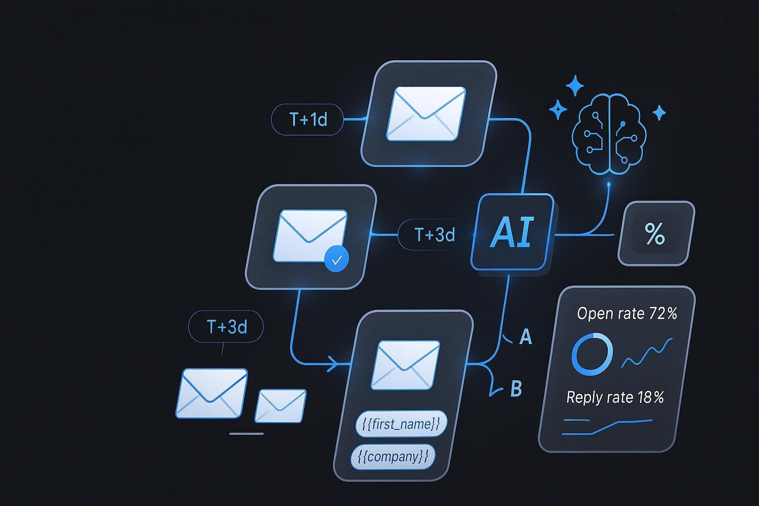 Email automation workflow with sequence steps and metrics